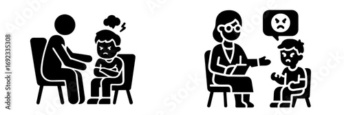 Child behavioral therapy session with an upset boy and a professional offering guidance and understanding