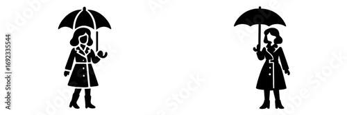 Woman with umbrella silhouette icon set. Black and white glyph of a female figure in a trench coat holding an open parasol for rain protection
