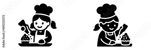 Pastry chef girl decorating a cupcake with a piping bag and sprinkles, black and white glyph icon set for baking and confectionery