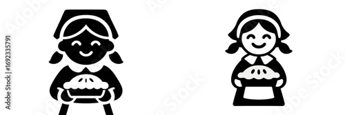 Black and white glyph icon set of a young pilgrim girl in historical costume holding a freshly baked pie for a Thanksgiving holiday feast