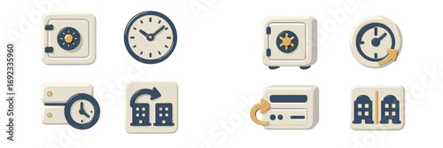 Collection of business and finance symbols featuring a safe, clock, server, and buildings representing security, time management, and data backup