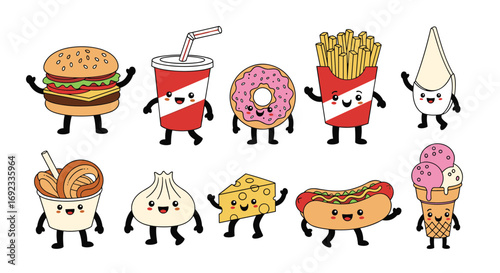 Cute cartoon fast food characters cheerfully invite you to a fun and delicious meal experience