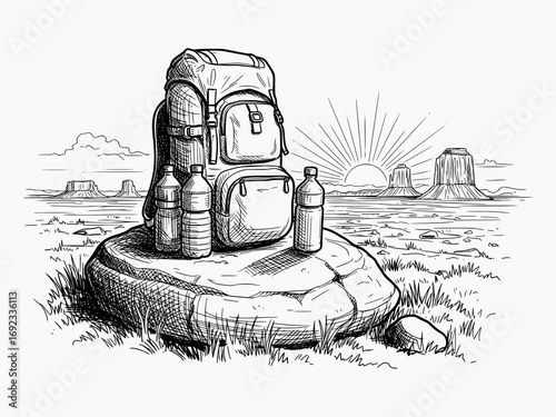 Hiking Backpack and Water Bottles in Desert Landscape - Black and White Sketch Vector Illustration for Outdoor Adventure Design