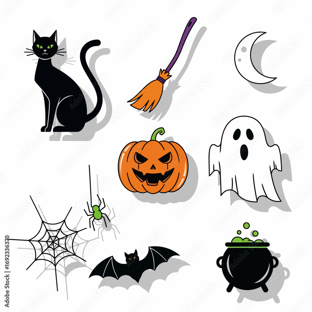 Fototapeta premium Halloween Icons Collection: Black Cat, Pumpkin, Ghost, Broom, Spider, Bat, Moon, Cauldron
