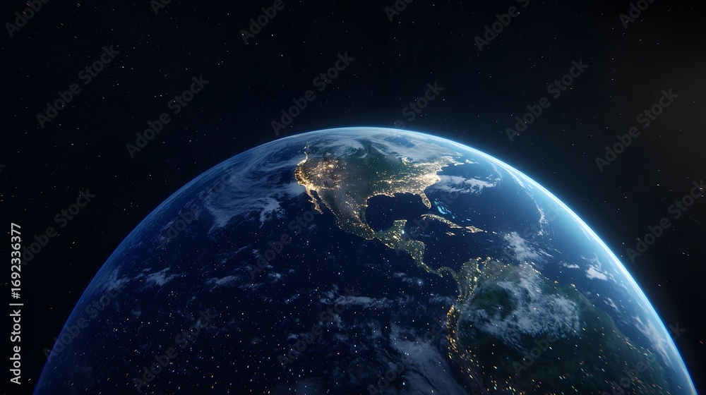 Obraz premium A view of planet Earth from space, showcasing city lights illuminating North and Central America against a dark, star-studded sky, with visible cloud cover.