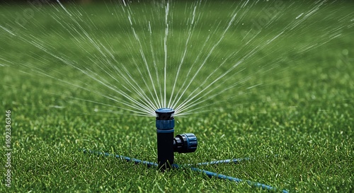 Close-up shot of a sprinkler watering a lush green lawn, showing water droplets and the importance of lawn care and irrigation systems in agriculture and landscaping