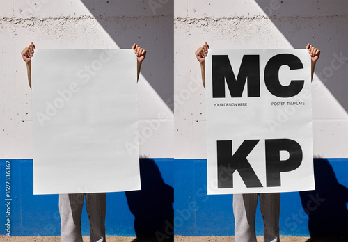 Mockup Of Man Holding Vertical Customized Poster Over Face