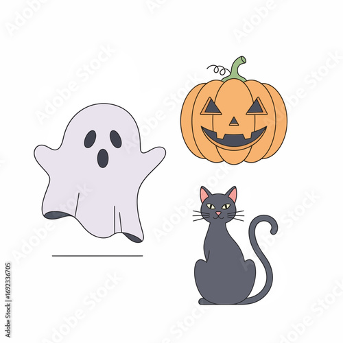 Spooky Halloween trio: Ghost, Jack O Lantern pumpkin, and black cat illustrations for holiday fun