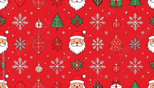 Seamless Christmas pattern with Santa Claus, snowflakes, gift boxes, Christmas trees, candy canes, stockings, and ornaments on a red festive background.