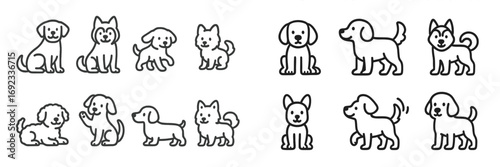 Charming collection of cute dog and puppy characters in various breeds and poses including sitting and walking