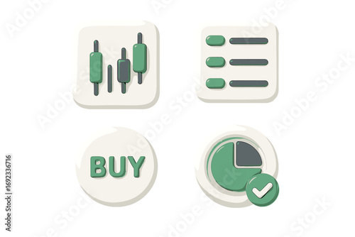 3D finance icon set with candlestick chart, data list, buy button, and pie chart for stock market trading and investment analysis