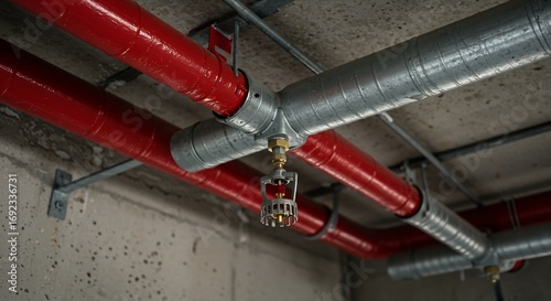 Close-up of a modern fire sprinkler system with red pipes and galvanized metal infrastructure against a concrete ceiling, showcasing safety measures