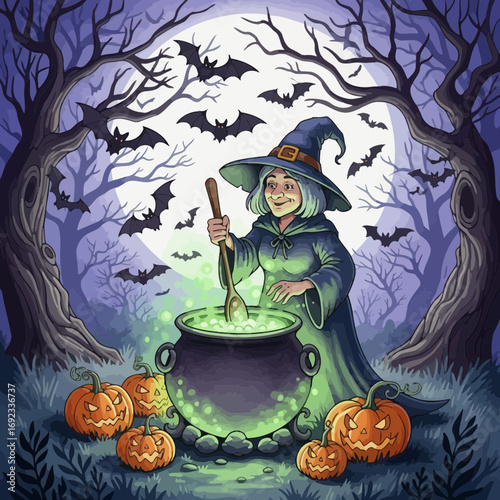Spooky Halloween Witch Stirring Cauldron Under Moonlit Sky with Bats and Pumpkins