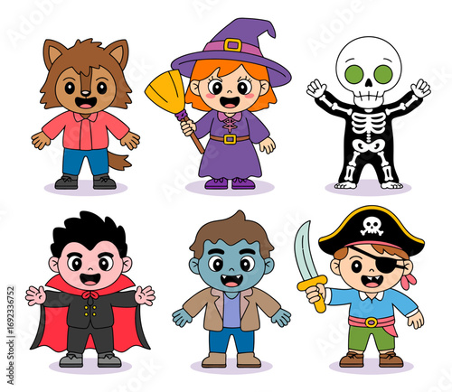 Six adorable kids dressed in Halloween costumes werewolf witch skeleton vampire zombie and pirate