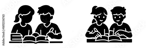 Students doing homework together solid black glyph icon set. Boy and girl learning at a desk with books for school education concept