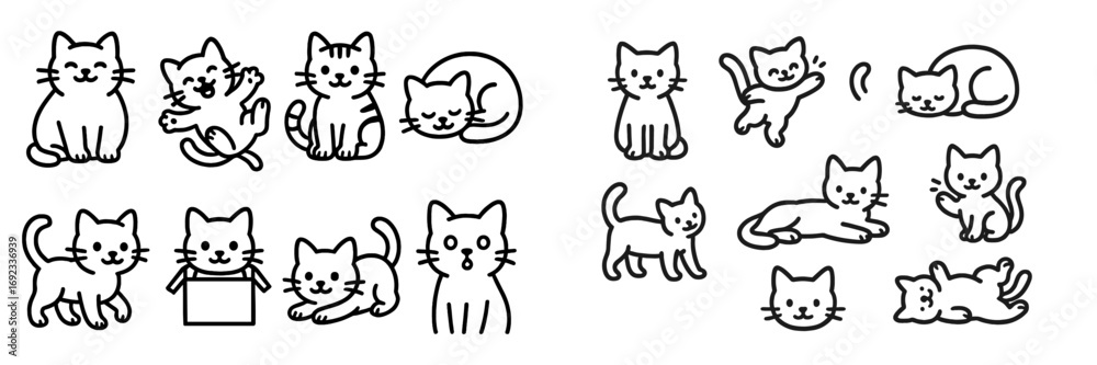 Obraz premium Set of cute cartoon cat characters in various poses, simple black and white line art icons for pet or animal themes