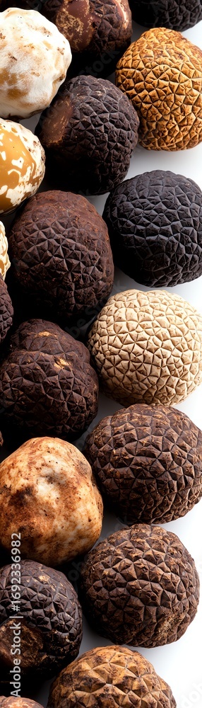 Fototapeta premium Assortment of textured truffles in various colors on a white background.