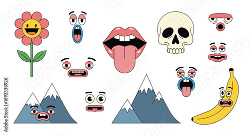 Expressive cartoon faces and objects with bold outlines create a playful, quirky vibe for creative projects