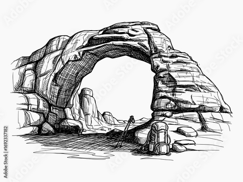 Natural Rock Arch with Hiking Backpack in Sketch Style - Black and White Vector Illustration for Outdoor Adventure Design