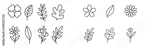 Diverse collection of minimalist hand drawn outline botanical elements featuring various flowers and leaves for creative design projects and decorative accents