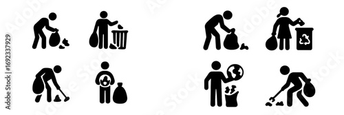People cleaning up trash and recycling waste icons set for environmental protection and garbage disposal concepts
