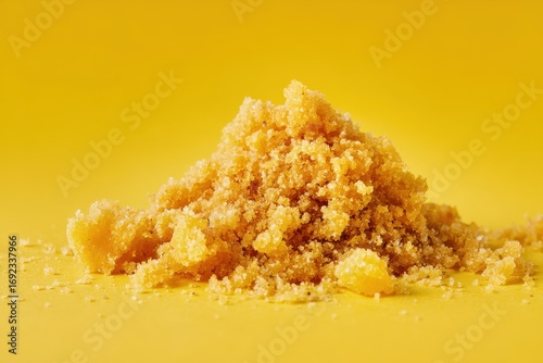 Cannabis Crumble Piece on Yellow Background. Medical Dab Waxing with Natural Ganja Drug