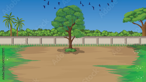 landscape with a tree and a path in a green field with wall