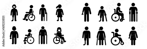 Set of black icons showing diverse people with disabilities including wheelchair users, amputees, and individuals with canes