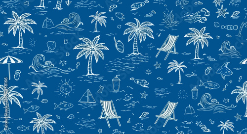 Relaxing beach vacation blueprint background with palm trees, waves, and lounge chairs for summer designs