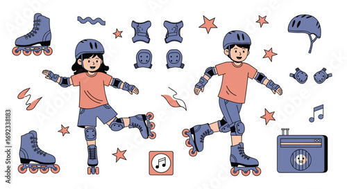 Active kids enjoying rollerblading fun with protective gear and music, vibrant outdoor activity illustration