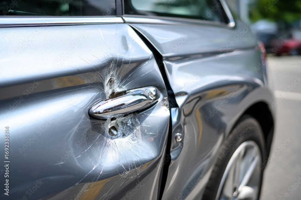 Fototapeta premium Car Door Dent. Automobile Accident with Dent on Left Side After Collision