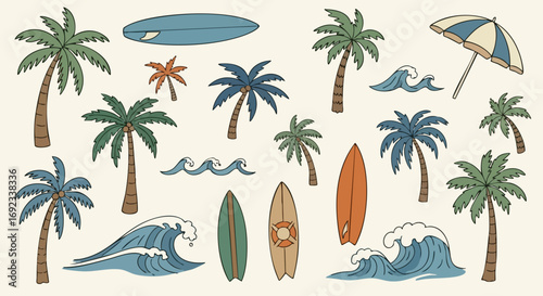 Dreamy summer vibes with surfboards, palm trees, and waves for vacation vibes and island getaways