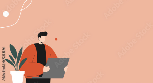 Flat design illustration of a person focused on a laptop with a plant, depicting remote work, online education, or digital solutions and productivity.