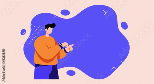 Stylized man checks his smartwatch and points, ideal for showcasing modern technology, digital connectivity, and smart device applications.