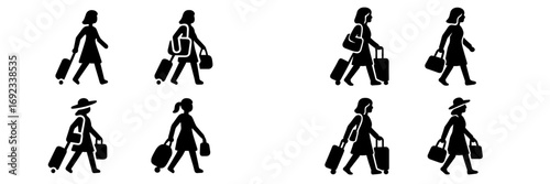 Set of black silhouette icons depicting women walking with luggage and bags for travel, tourism, and transportation concepts isolated on a white background
