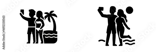 Couple taking a selfie on a tropical beach during summer vacation, black and white glyph icon set for travel and leisure concepts