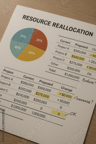 Resource reallocation chart with pie graph and financial data showing project budget changes