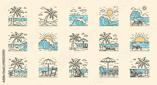 Dreamy tropical vacations line art set with palm trees, waves, sun, and beach chairs for summer designs