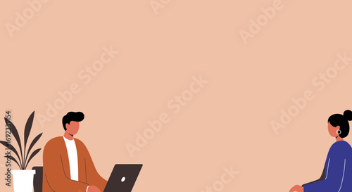 Two professionals focused on their laptops in a modern, collaborative workspace. Ideal for business, technology, or remote work concepts.