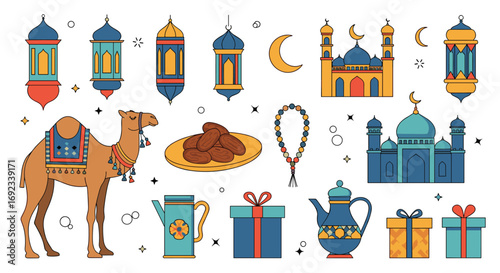 Vibrant Islamic cultural icons celebrate Ramadan festivity with mosque, camel, lanterns, dates, and gifts