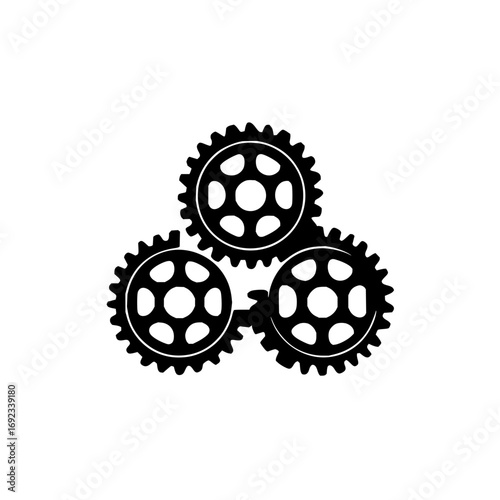 Vector art of three interlocking black gears representing teamwork, productivity, and mechanical precision in industrial and business contexts