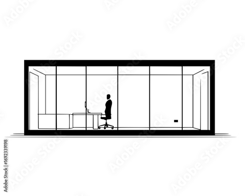 Vector art of modern minimalist office space with single worker at desk, representing productivity, concentration, and professional environment