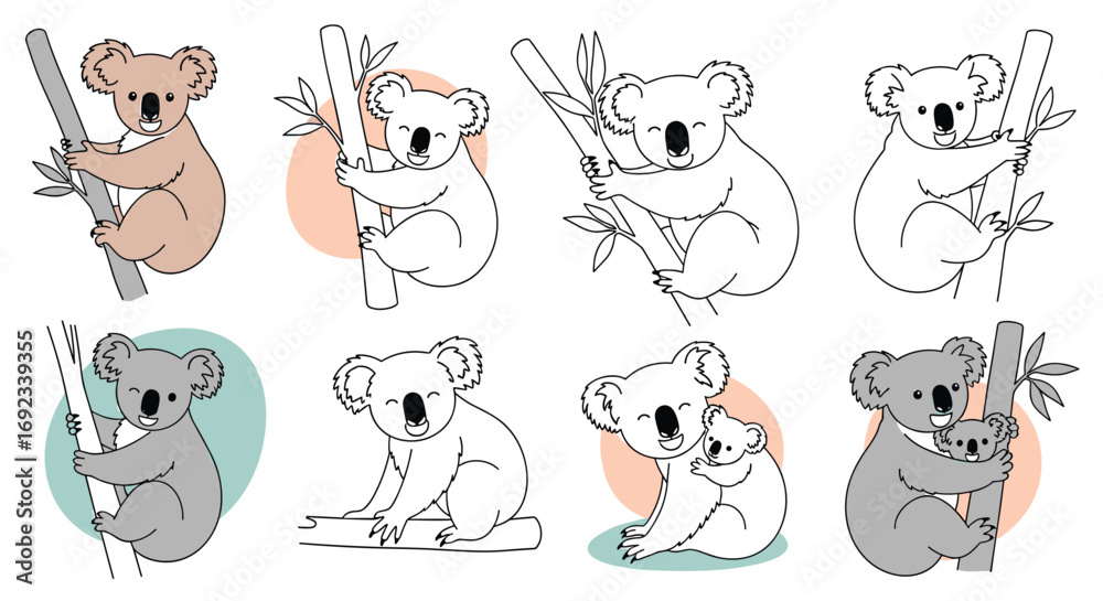 Fototapeta premium Adorable koalas clinging to branches in playful, cute illustrations perfect for kids' designs