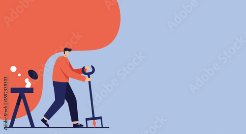 Man with a garden fork preparing soil, symbolizing gardening, farming, or hobby activities. Ideal for concepts of growth, nature, and home care.