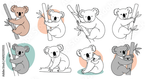 Adorable koalas clinging to branches in playful, cute illustrations perfect for kids' designs