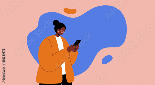 Professional Black woman with glasses using a smartphone, connecting digitally. Represents communication, technology, lifestyle, social media, and modern business.