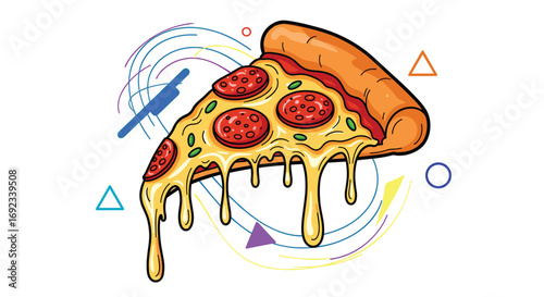 Delicious pepperoni pizza slice with melting cheese and colorful abstract shapes