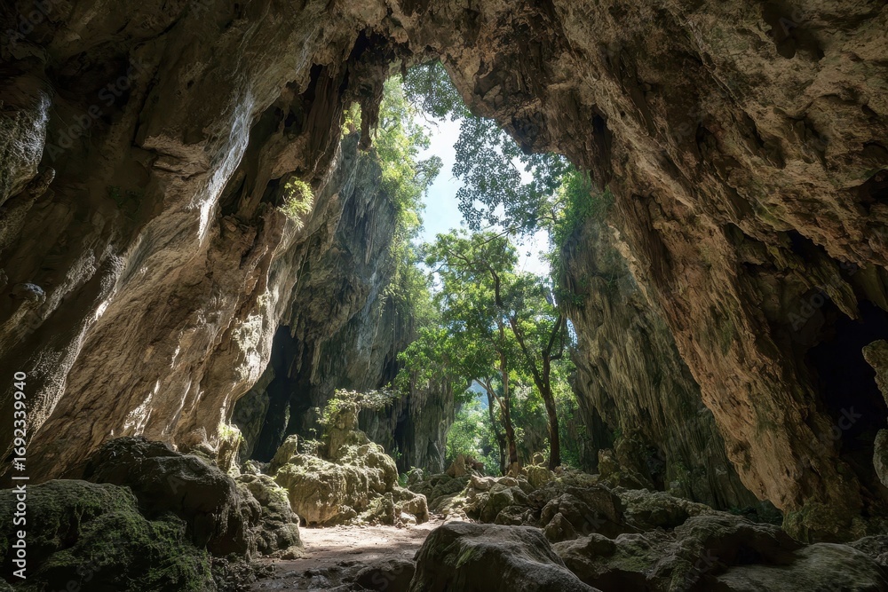 Fototapeta premium Cave Cuba - Exploring the Stone Interior of Ambrosio Cave with Bright Shadows and Stalactites