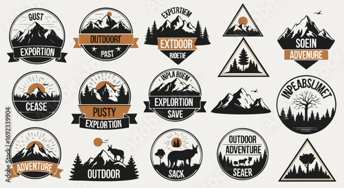 Explore nature with vintage mountain and forest logo designs for outdoor adventure brands and expeditions