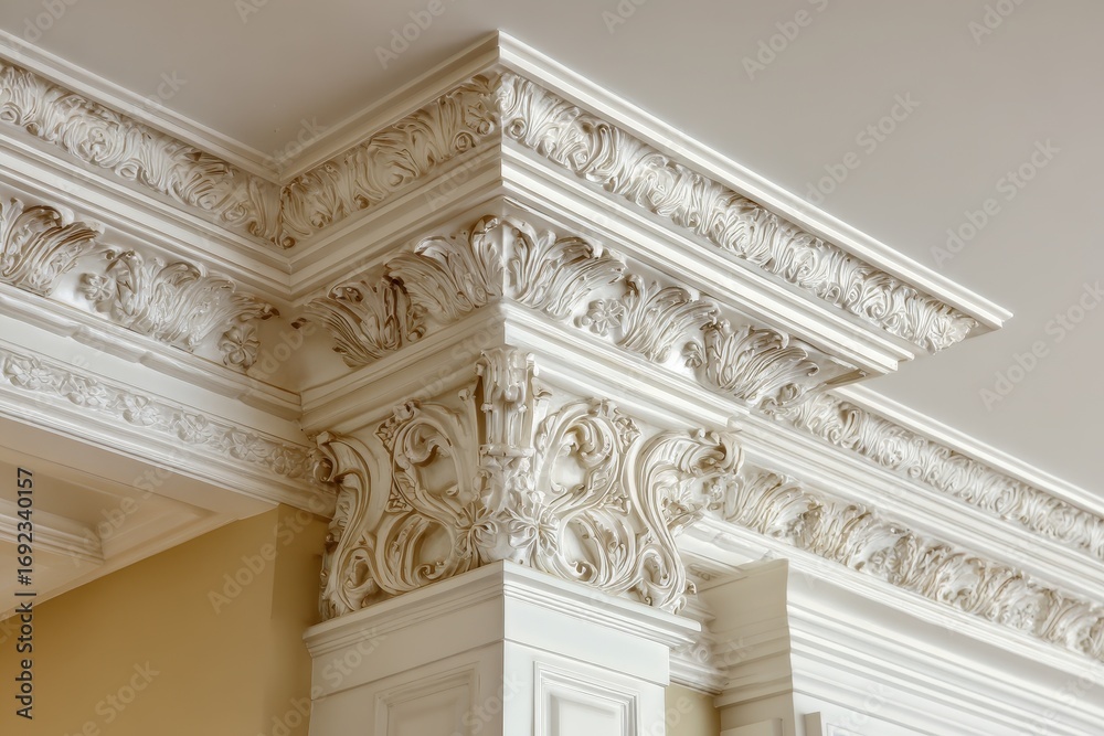 Fototapeta premium Ceiling Trim. Stucco Crown Molding Detail in Interior Room with Ornate Fretwork Column and Plinth